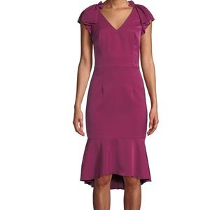 David Meister Purple V-Neck Flutter Sleeve Flounce Midi Ruffle Bottom Dress 6